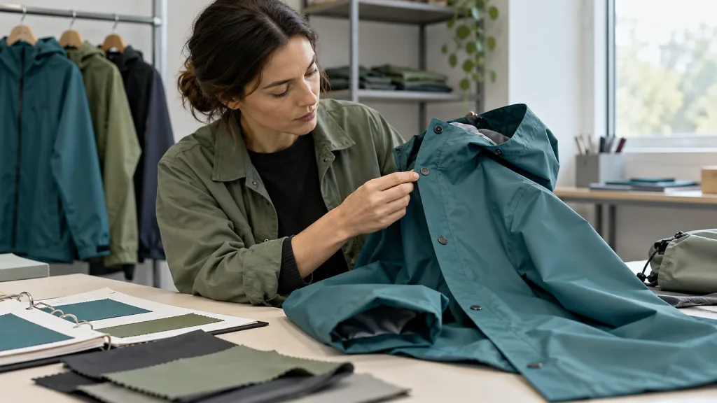 Reviewer inspecting the seam and closure of a raincoat sample
