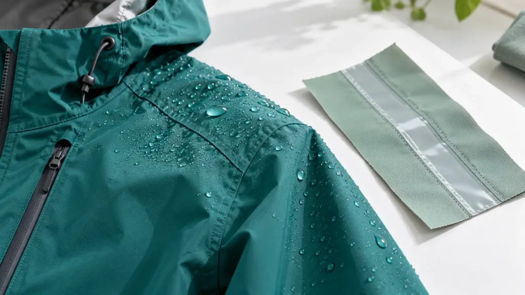 Water droplets on a teal rain jacket beside a separate taped seam sample