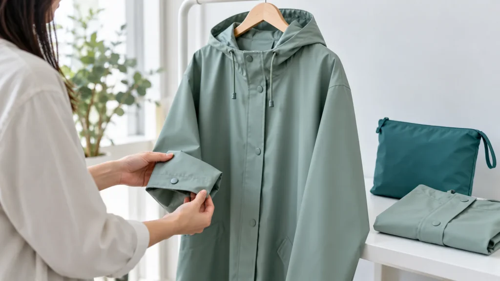 A buyer reviewing the sleeve and closure of a sage hooded raincoat