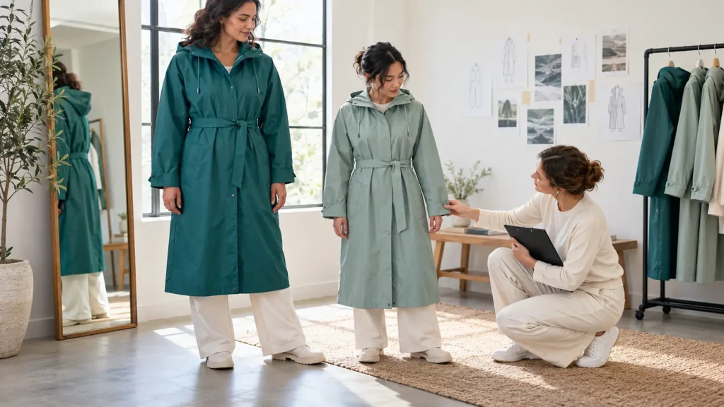 Designer reviewing the fit of raincoats on two adult wearers