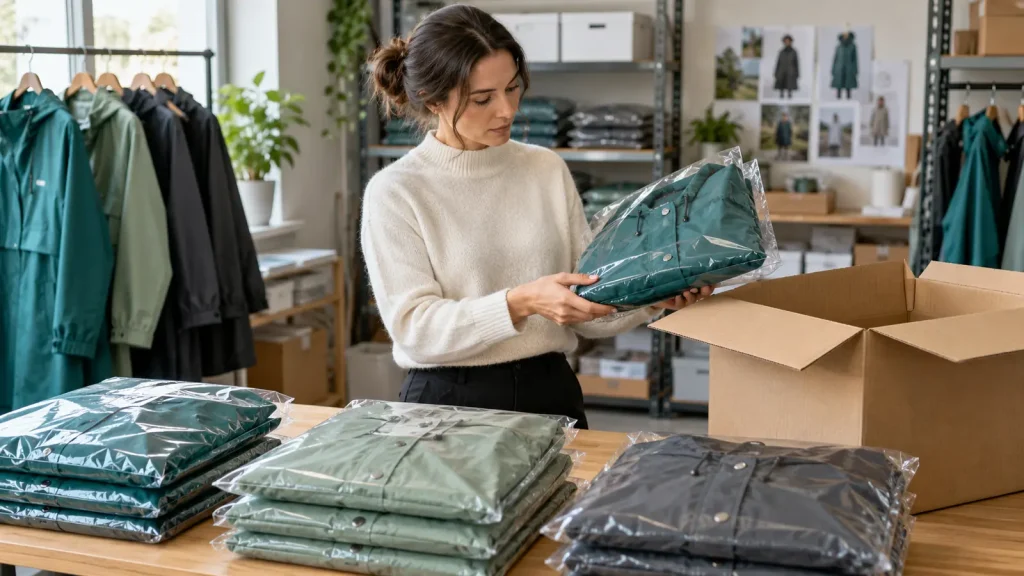 Procurement manager checking packed raincoats in several colors
