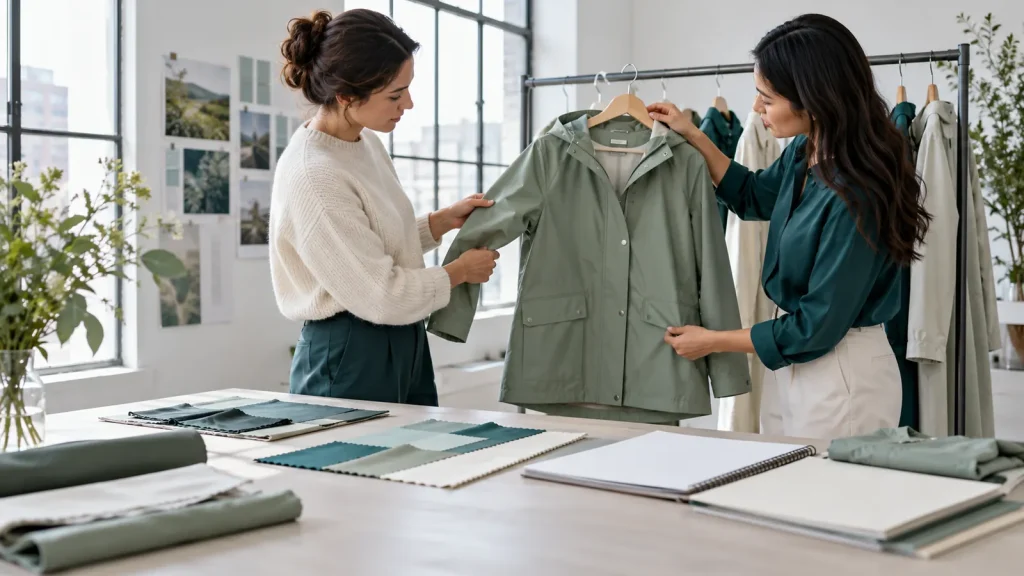 Product team reviewing a sage raincoat sample and fabric swatches