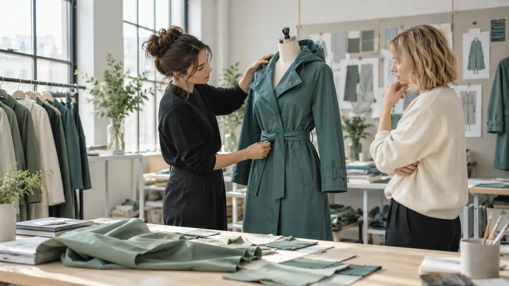 Fashion buyers discussing a teal rain trench on a dress form