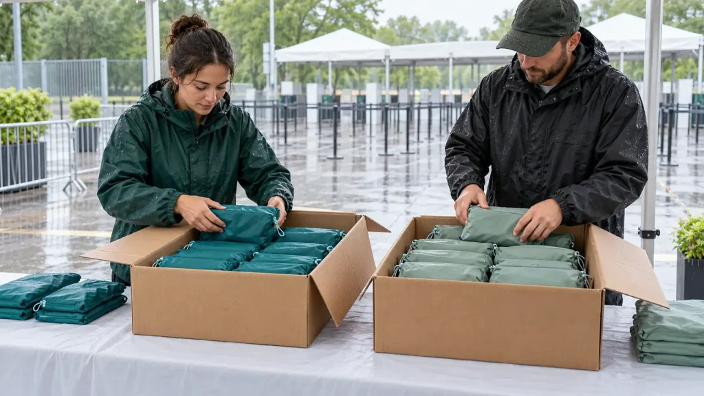 Two event staff sorting teal and sage rainwear pouches into separate cartons