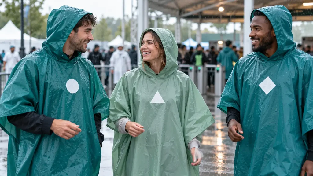 Three adults wearing teal and sage ponchos with geometric emblems in light rain