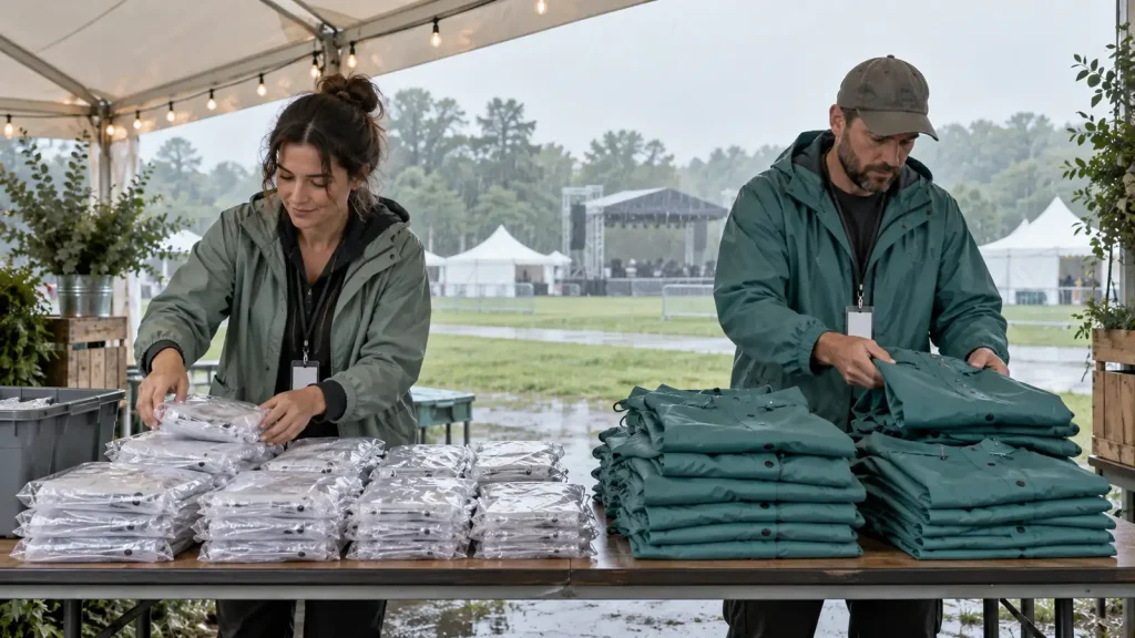 Event coordinators arranging compact visitor poncho packs beside staff raincoats