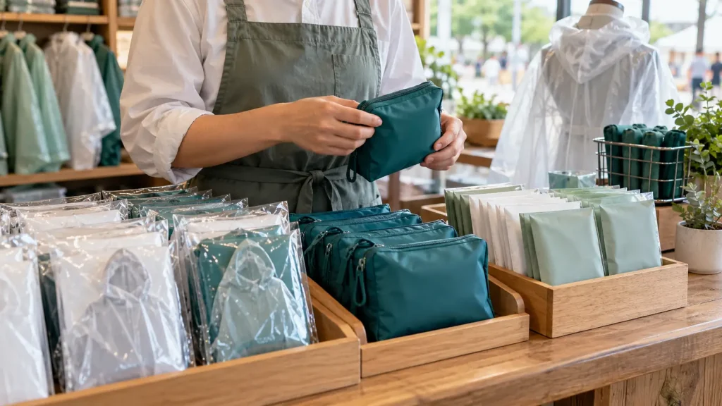 Compact poncho packs and pouches arranged on a gift-shop counter