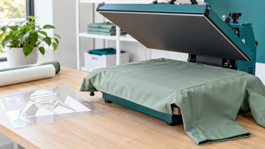 An open heat press with a sage garment panel and geometric transfers nearby