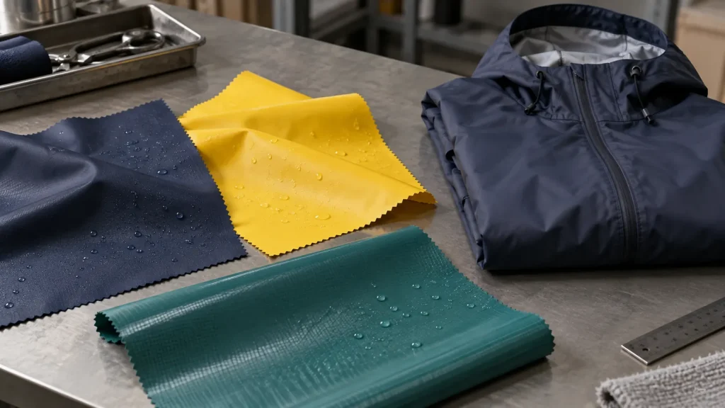Coated rainwear fabric swatches beside a folded navy jacket