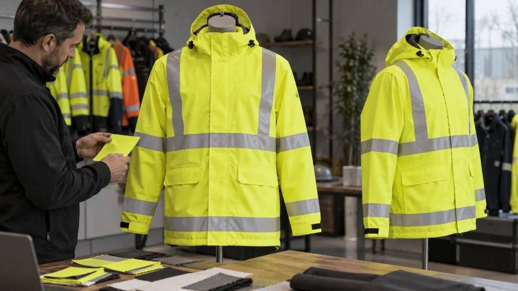High-visibility yellow rain jacket with reflective bands displayed for inspection