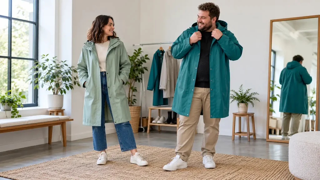 Two adults comparing the fit of sage and teal raincoats in a fitting studio