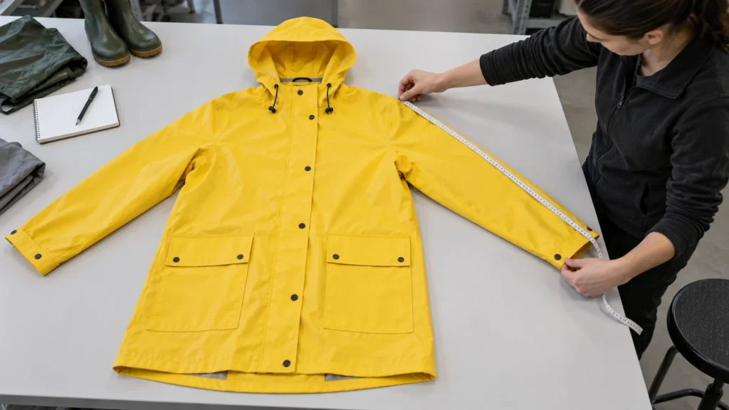 Technician measuring the sleeve of a yellow raincoat on an inspection table