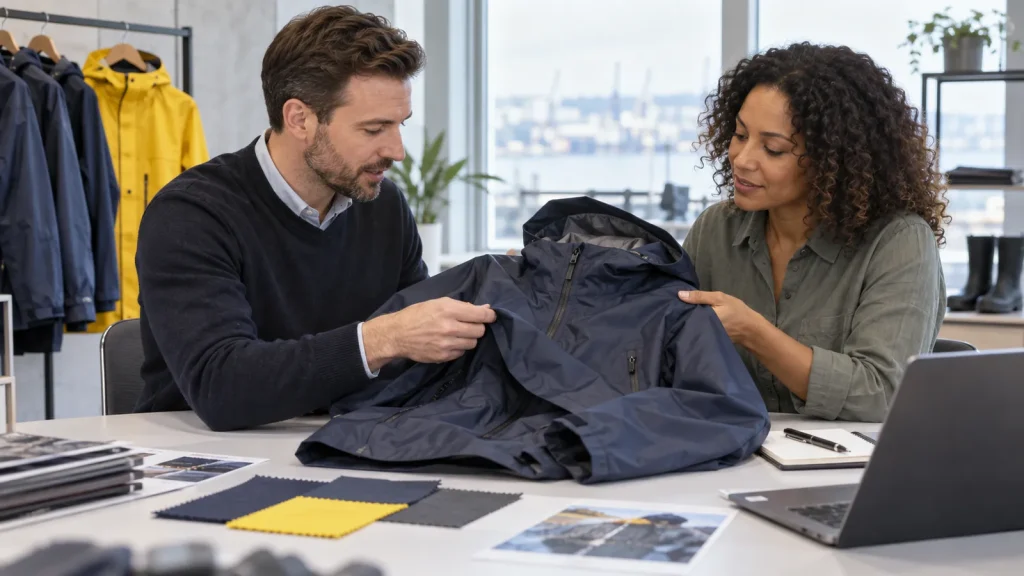 Buyer and workwear specialist discussing an industrial rain jacket sample