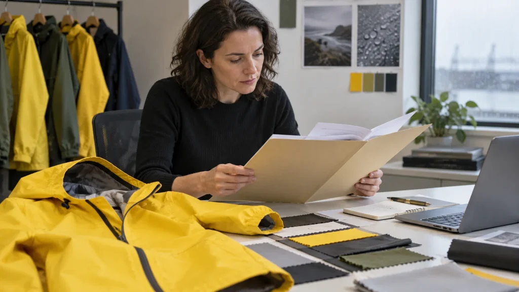 Buyer reviewing paperwork beside an industrial raincoat and material samples