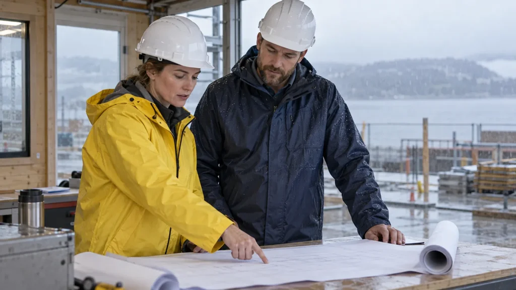Site managers in rain jackets reviewing a plan inside a covered construction office