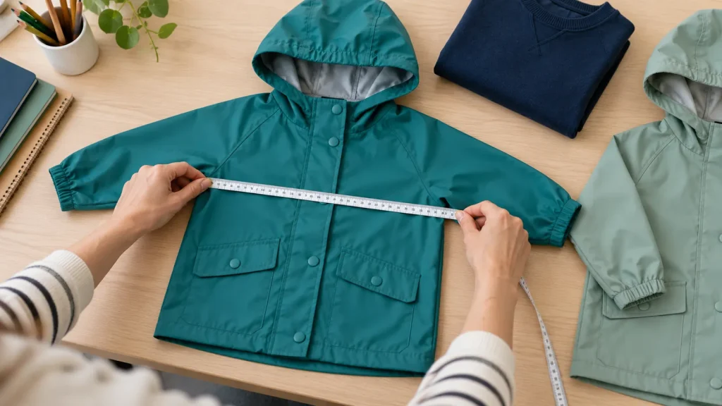 Hands measuring the width of a small teal raincoat laid flat on a table