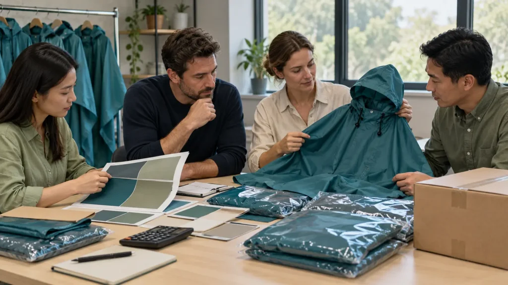 Procurement colleagues reviewing rainwear samples and packing details