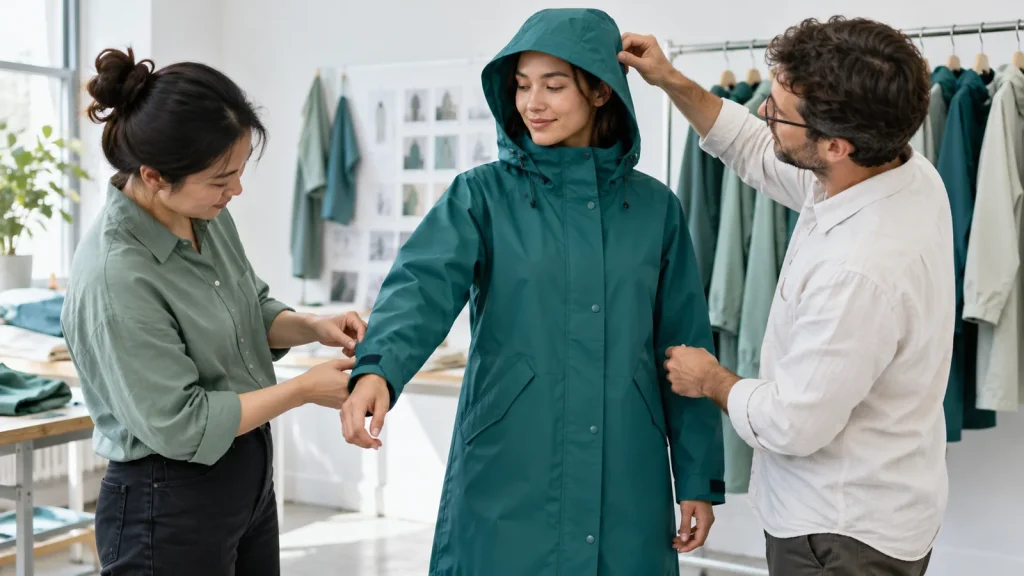 Two colleagues checking the sleeve and hood fit of a teal raincoat