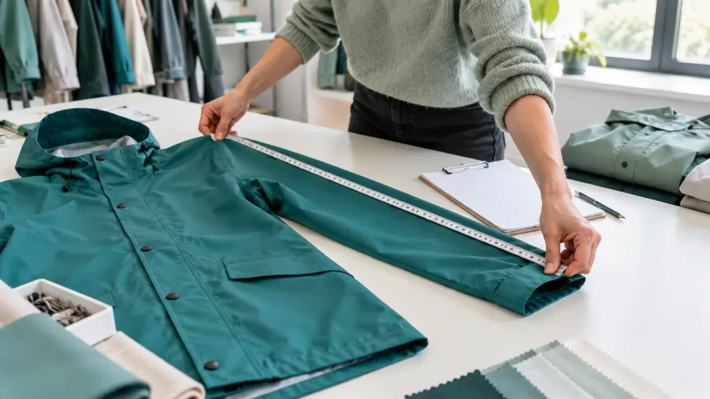 Hands measuring the sleeve of a teal raincoat laid flat on a table