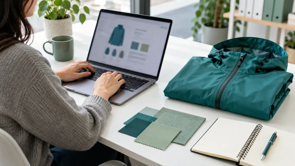 A buyer works at a laptop beside a folded teal jacket, swatches and a notebook