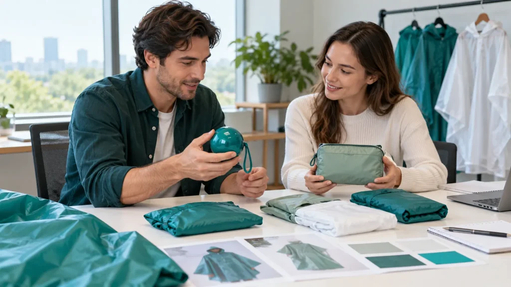 Two buyers discussing a teal spherical case and a sage zip pouch