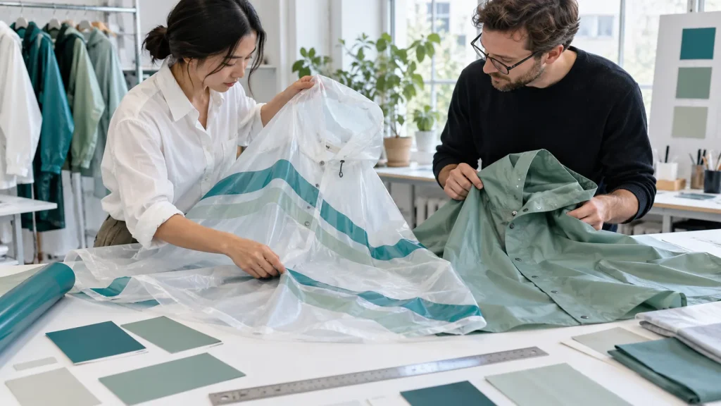 A designer and buyer reviewing stripe placement and colour swatches on rainwear
