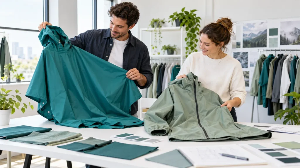 Two colleagues comparing teal rainwear and a sage jacket at a sample table