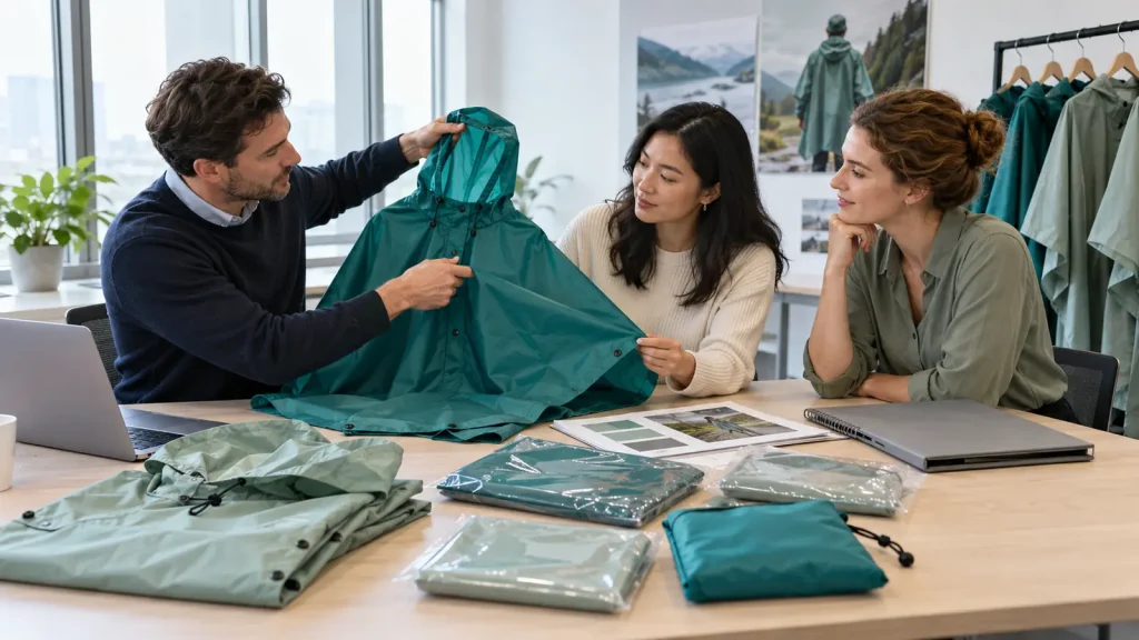 Three buyers discussing a teal rain poncho and packaging samples