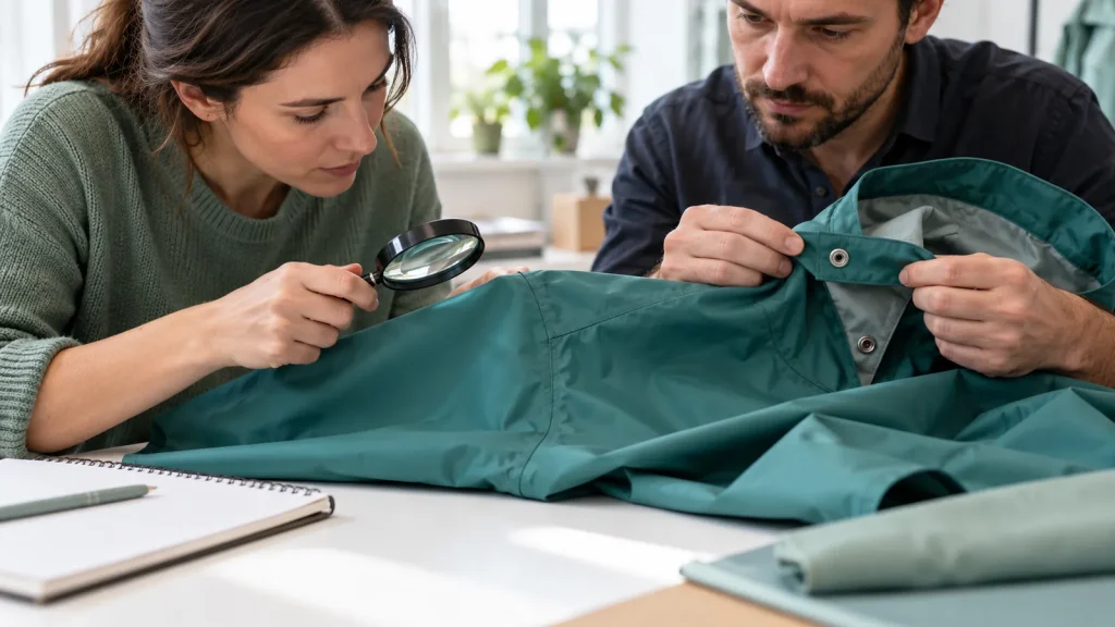 Reviewers inspecting a raincoat seam and fastening at a worktable
