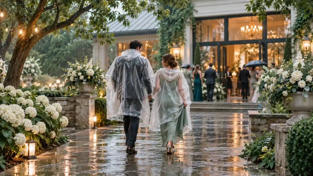 Guests wearing translucent ponchos beside a garden reception setting