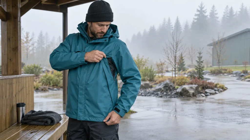 Outdoor worker reviewing a rain jacket beneath a shelter