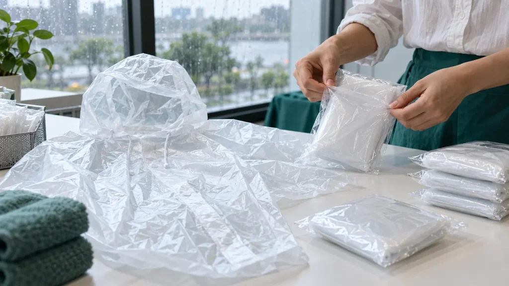 Hands opening a compact clear poncho pack beside an unfolded rain poncho