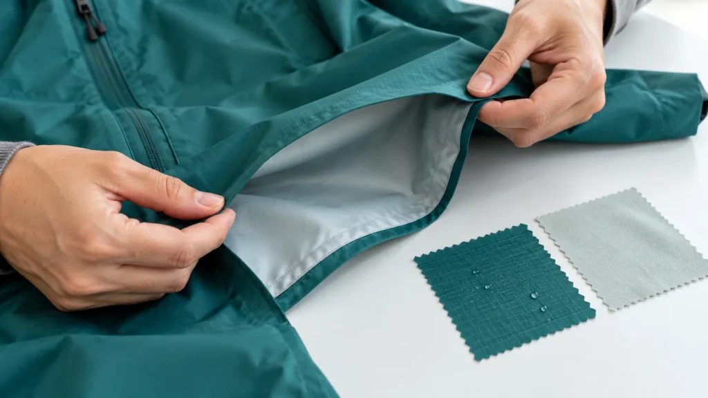 A teal rain jacket edge turned back beside fabric and barrier-layer swatches
