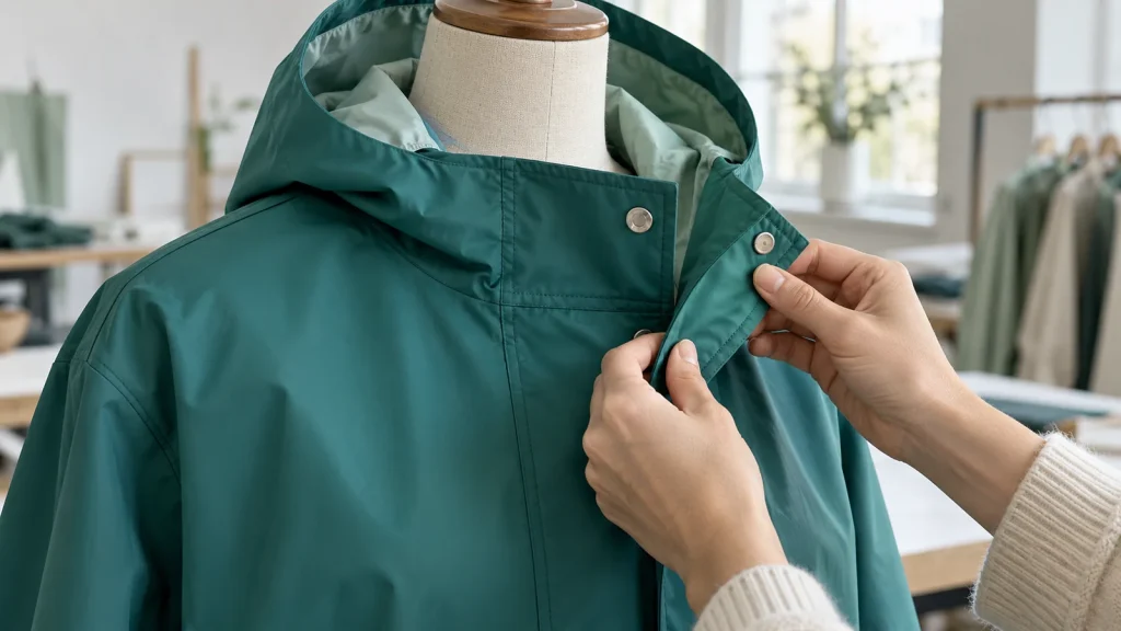Close view of a raincoat hood, collar and covered front closure