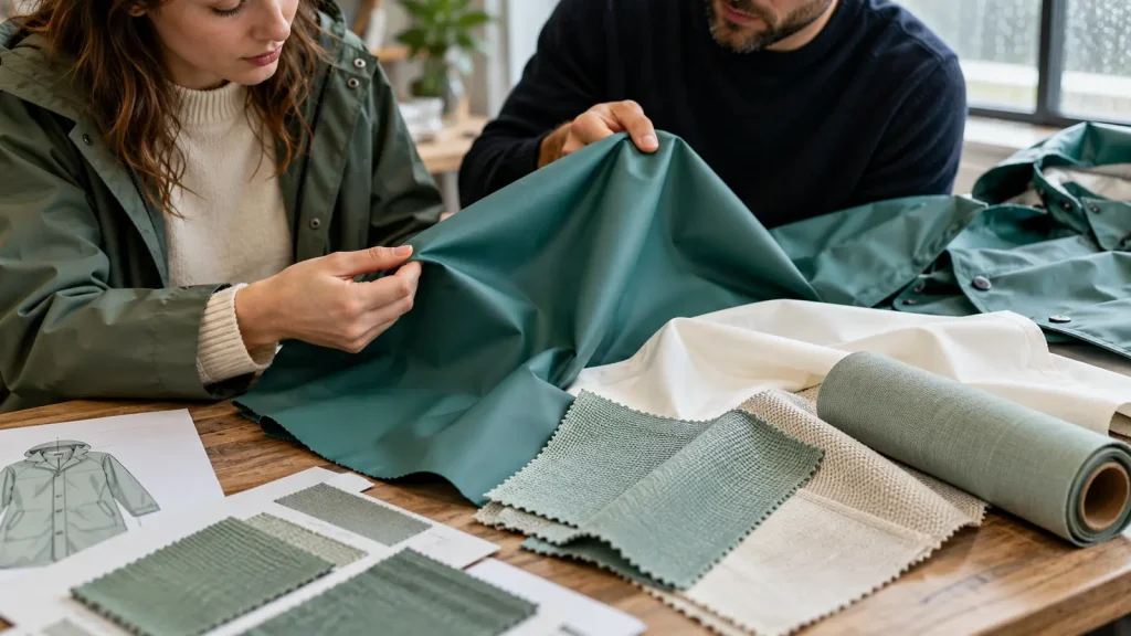 Hands comparing the drape of teal and sage rainwear fabric samples
