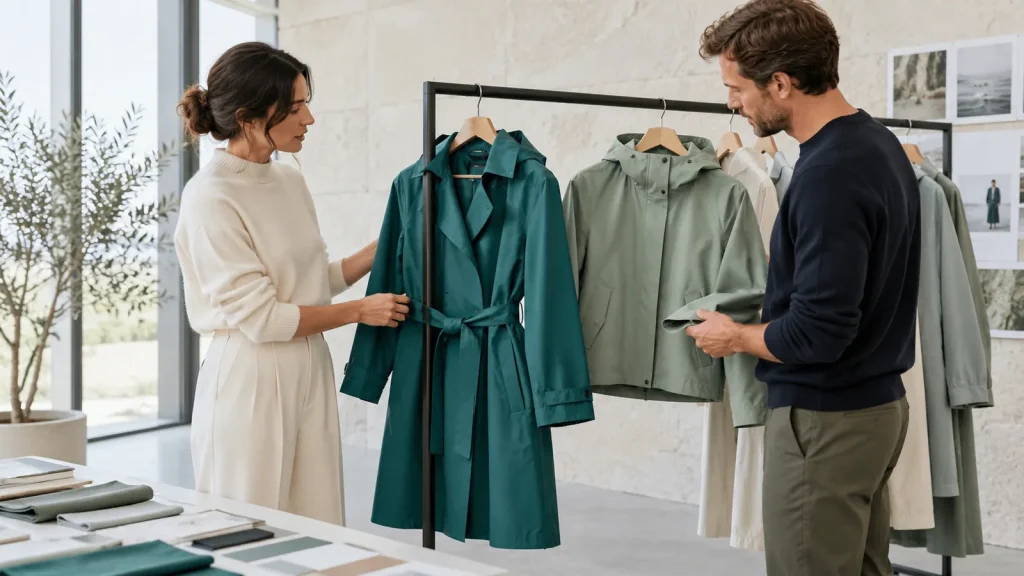 Apparel professionals discussing raincoat samples in a showroom