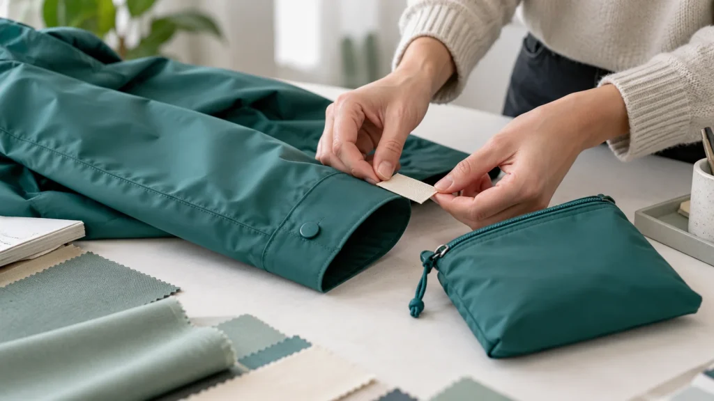 Designer comparing a woven label with a raincoat cuff and pouch