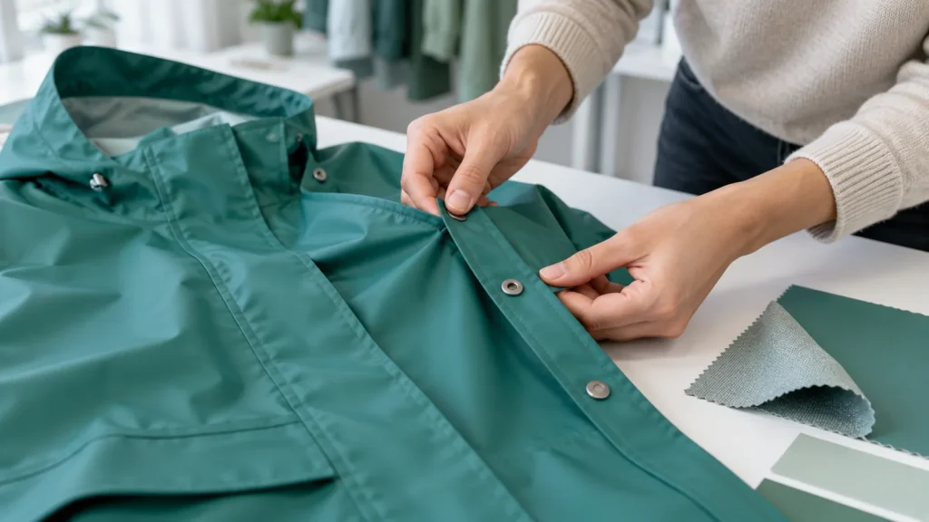 Hands inspecting a teal raincoat and a coated textile swatch