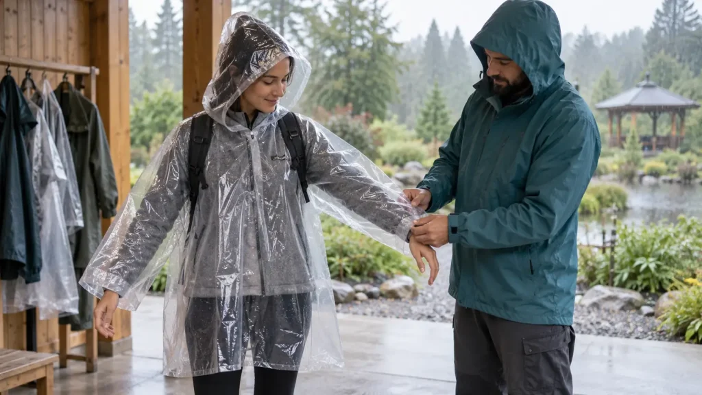 Adult volunteers comparing the fit of a translucent poncho and a teal raincoat