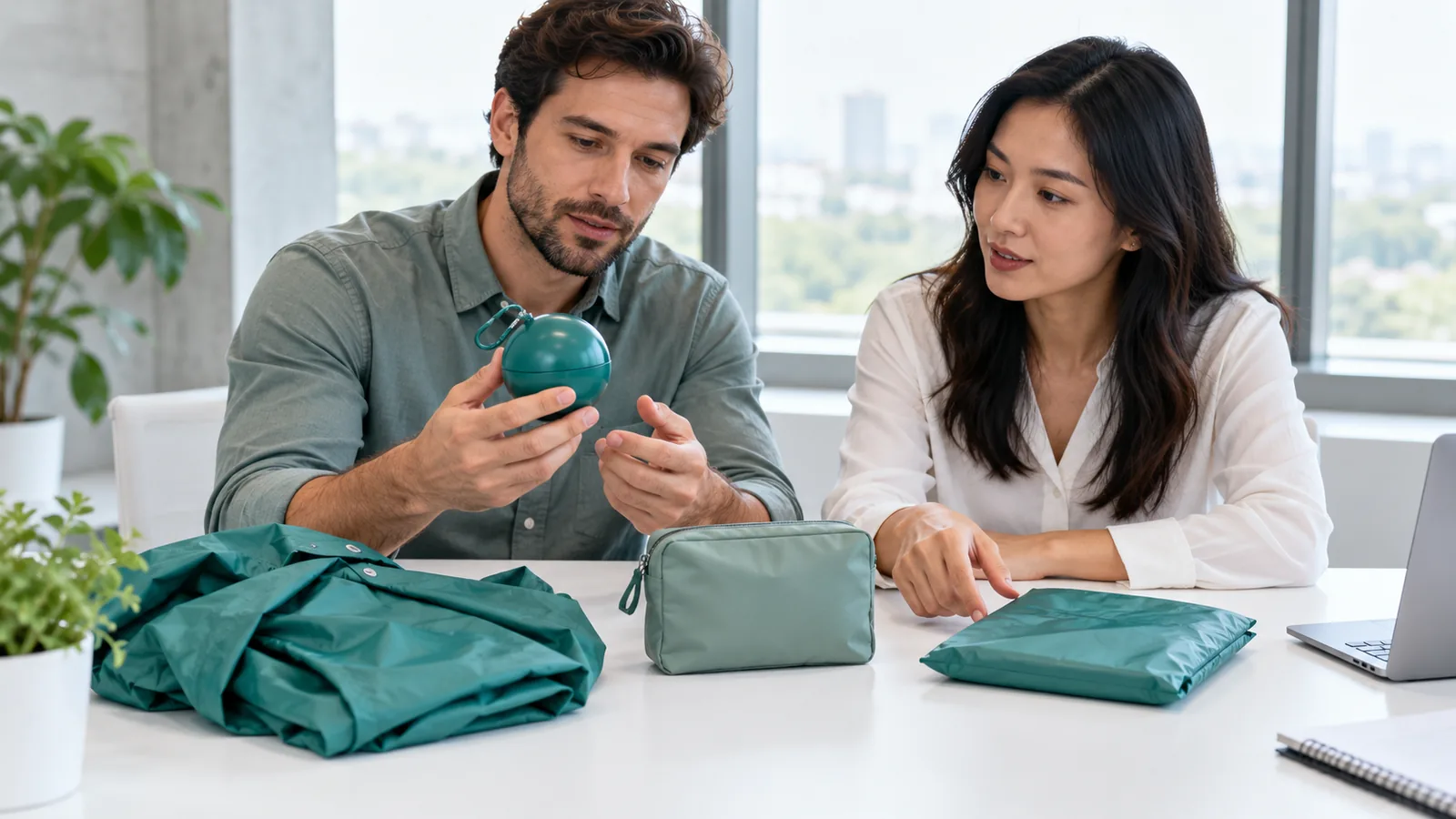 Two buyers comparing a teal spherical poncho case, a sage pouch and folded rainwear