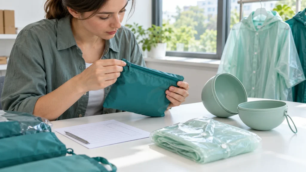 A reviewer inspecting a teal pouch zipper beside an open rigid poncho case