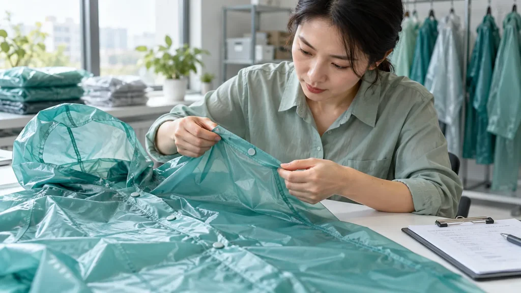 A reviewer examining the edge and snap fastening of a translucent teal poncho