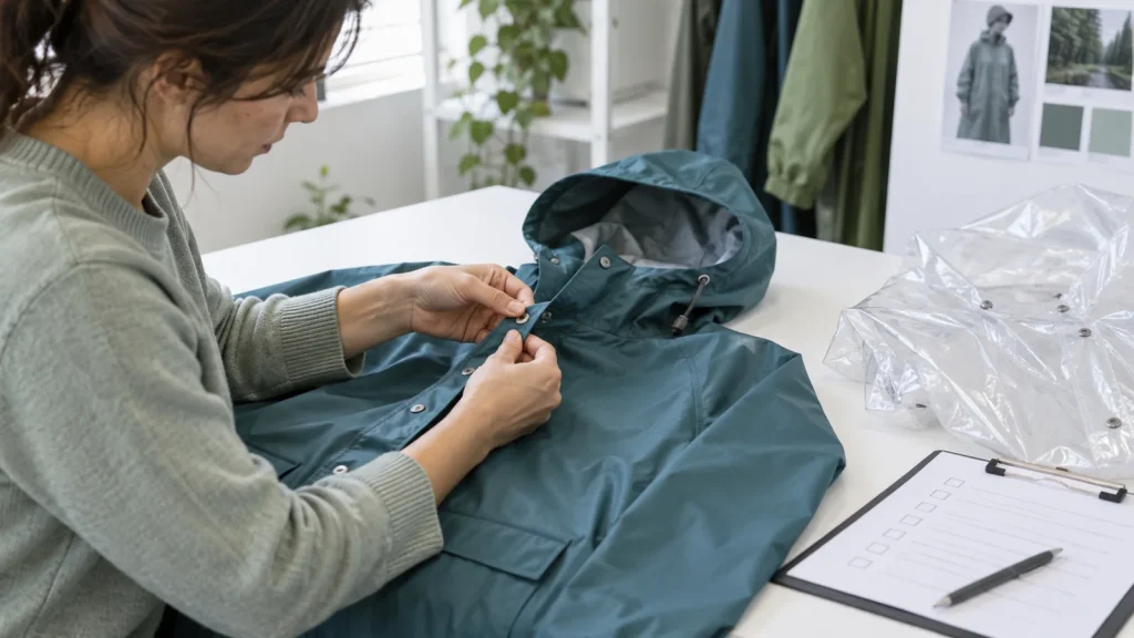Quality reviewer examining the closure of a teal raincoat beside a clear poncho sample
