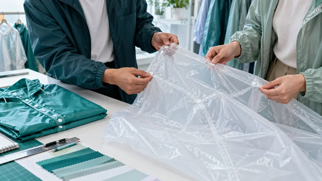 Reviewers inspecting a poncho seam and side fastening