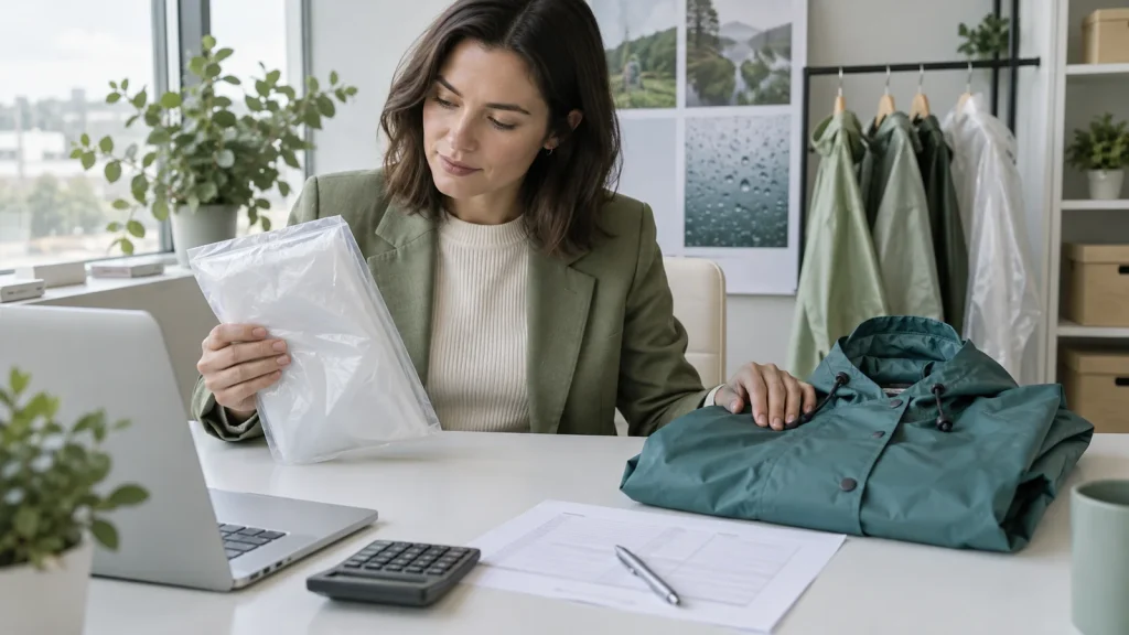 Procurement manager reviewing a worksheet beside folded ponchos and a reusable raincoat