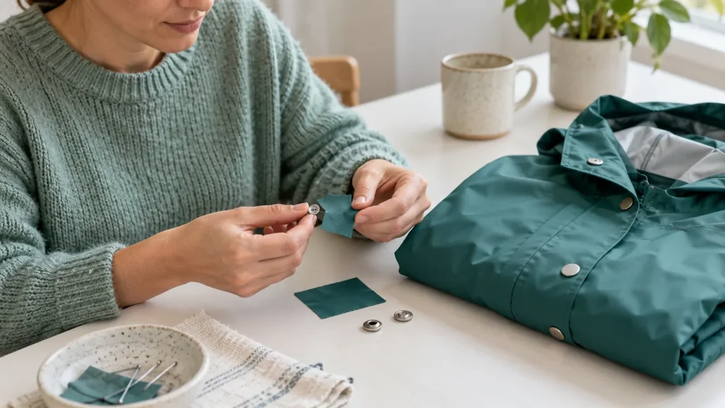 Raincoat with matching fabric patch and replacement fastening components