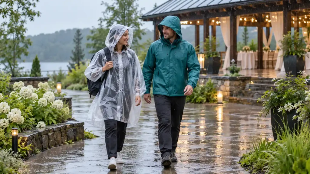Two event coordinators wearing a clear poncho and teal jacket on a rainy path