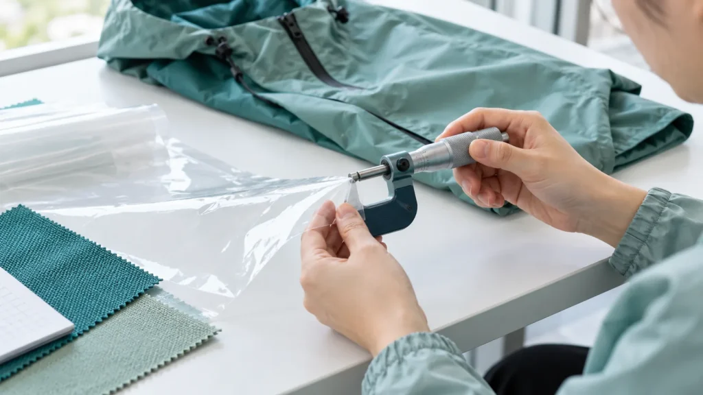 Hands reviewing a clear film swatch with a micrometer beside rainwear samples