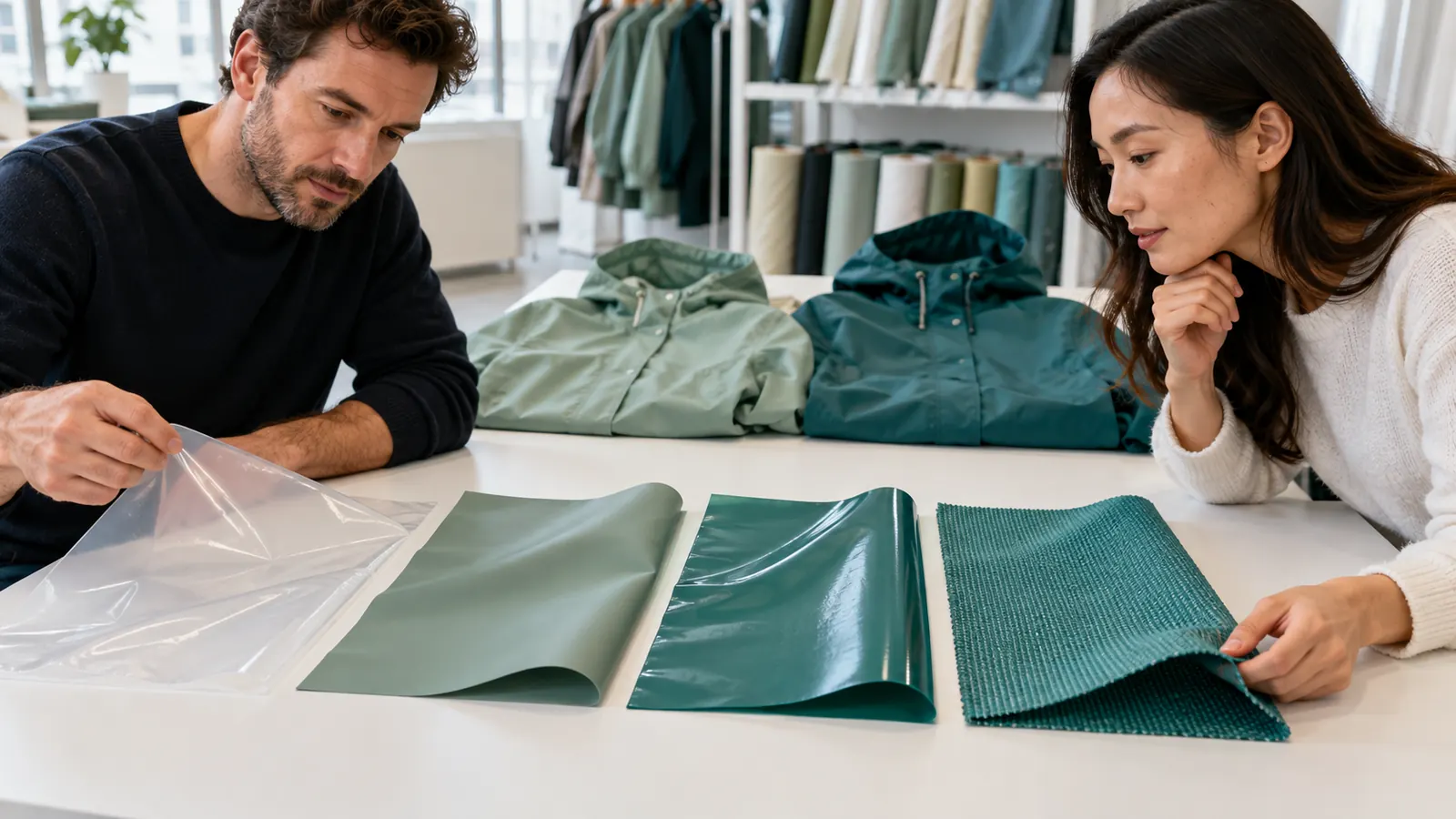 Two buyers comparing film and textile swatches for a rainwear order