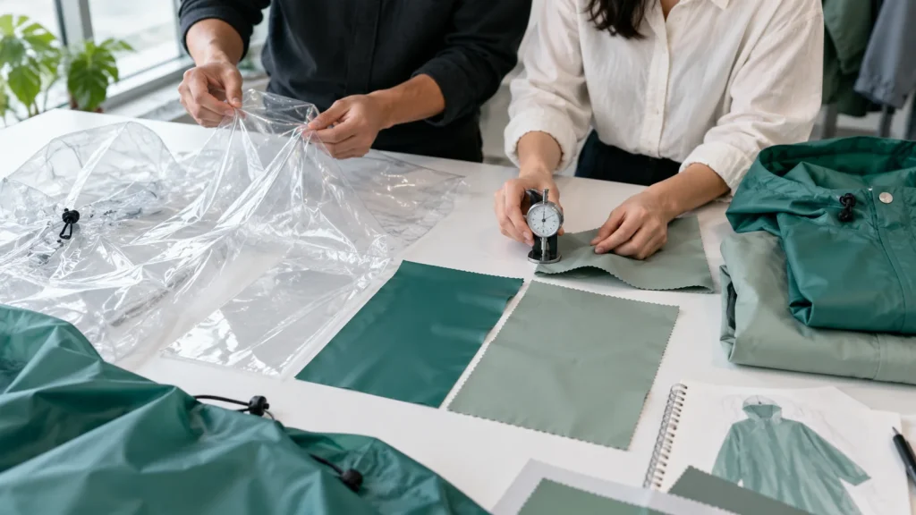 Hands comparing rainwear film and fabric swatches beside a thickness gauge